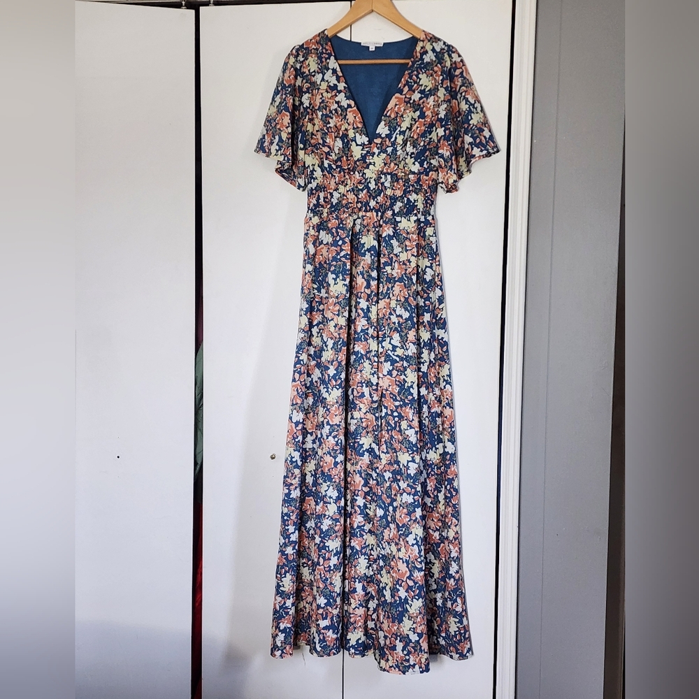 Baltic Born Navy Floral V-Neck Maxi Dress with Peach Accent